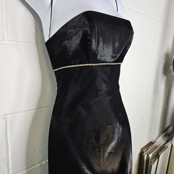 Vtg 90s Y2k Cache Black Liquid Lace Up Corset Back Rhinestone Formal Dress - Picture 7 of 14